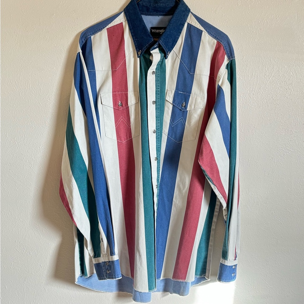 WRANGLER VINTAGE BRUSHPOPPER Striped Denim Collar Men's Shirt
